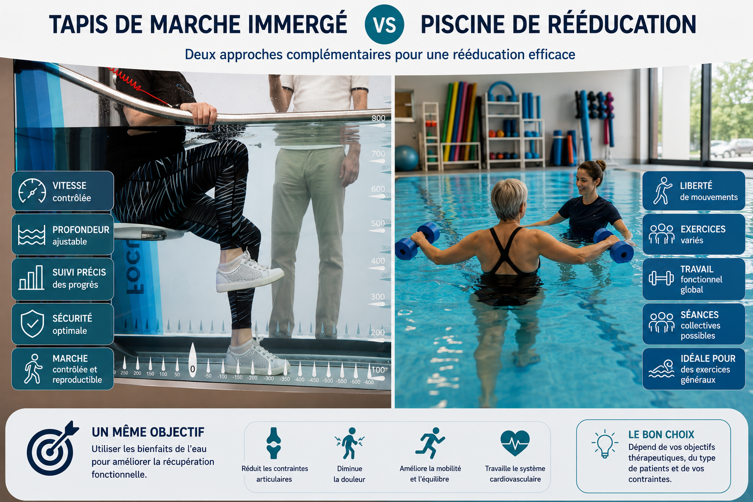 Tapis de marche immergé ou piscine de rééducation : quelles différences ?